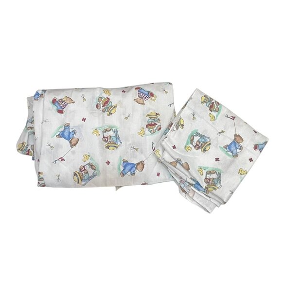 Vtg Mount Vernon Mills Crib Sheet & Receiving Blanket Teddy Bears Ducks Nursery - Picture 1 of 4